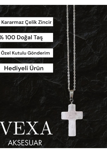 Kuvars Taşlı Haç Kolye - Kararmaz İthal Çelik Zincir - Özel Kutulu Hediyeli Gümüş