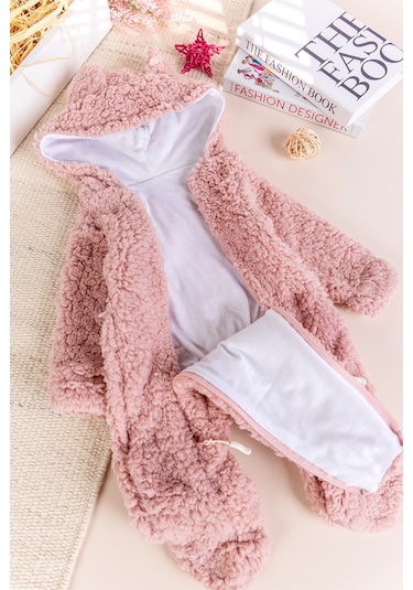 Kapüşonlu Ayıcık Fiğürlü Welsoft Peluş Kışlık Kız/erkek Bebek Tulum Gülkurusu