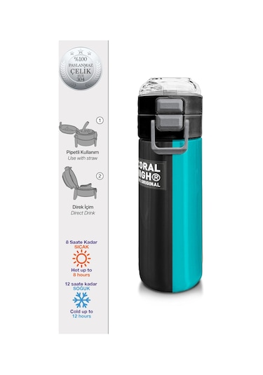 Coral High Kids Renkli Çizgili Desenli Pipetli Ve Direkt İçim Çelik Termos 500 Ml 31896 Gri - Mavi