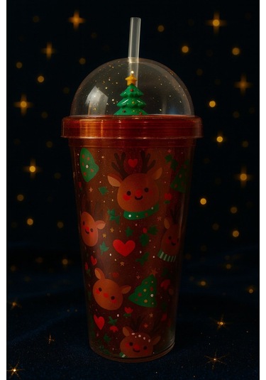 Desenli Süslemeli Renkli Pipetli Kupa Bardak Sevimli Geyikli Kar Tanesi Noel Ağacı Suluk 450ml 2768c Çok Renkli