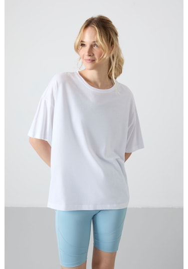 Tommy Life Beyaz Penye Modal Yumuşak Tuşeli Oversize Fit Basic Kadın T-shirt- 97285 Beyaz