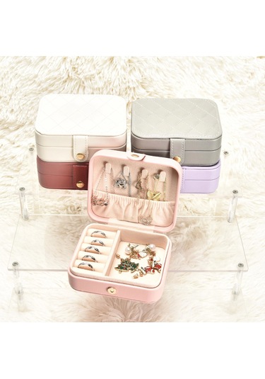 Deri Mini Baklava Desenli Seyahat Takı Bijuteri Mücevher Kutusu Organizer Düzenleyici 11,5cm Pembe İ