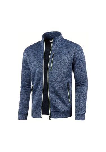 Ghassy Co. Erkek Kırçıllı Yüzey Hafif Rüzgar Geçirmez Tam Fermuarlı Polar Ceket İndigo