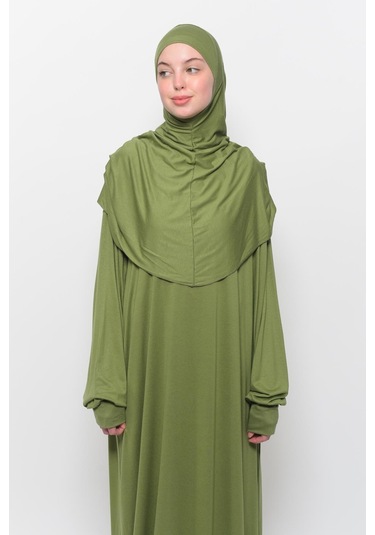 Pratik Tek Parça Pamuklu Yarasa Kollu Tak Çıkar Başörtülü Tesettür Namaz Elbisesi Fıstık Yeşili Çok Renkli