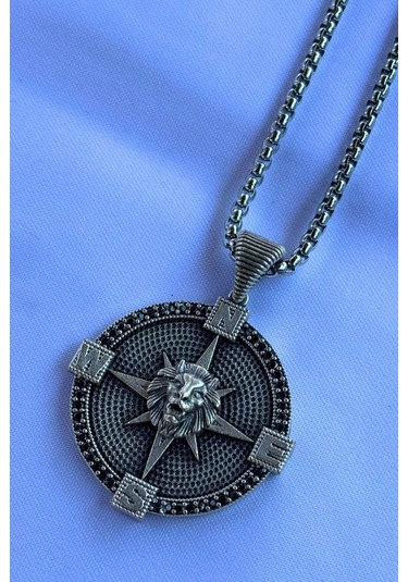 Aslanlı Pusula El İşçiliği Paslanmaz Çelik Zincir Erkek Kolye Gümüş