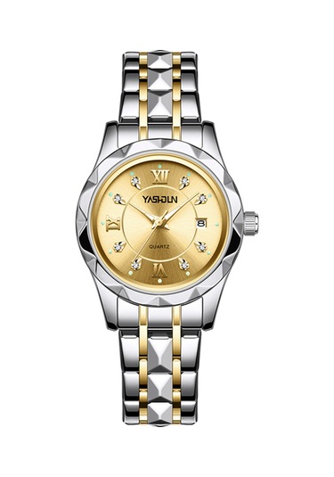 Yashıdun 5064 Şık Kadın Kuvars İzle Çelik Kayış Aydınlık Takvim Bilek Saati - Altın Kadran / Gümüş + Altın Kayış