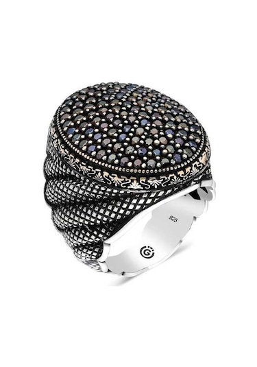 Gümüş Siyah Zirkon Taşlı Oval Erkek Yüzük - 555892830