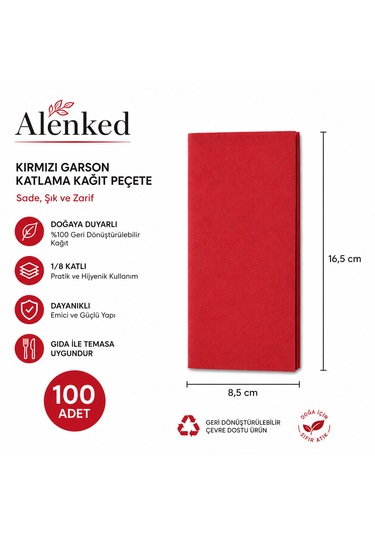 Kırmızı Peçete 33 X 33 Garson Katlama 100 Adet
