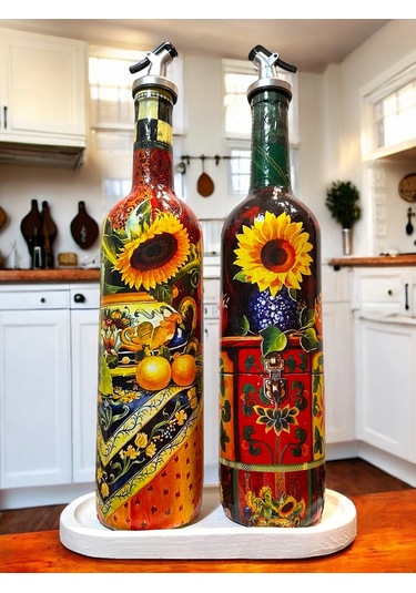 Akdeniz Mutfağı Ve Ayçiçeklerinden İlhamla Tasarlanan Cam Yağdanlık, Sirkelik Ve Sosluk Seti, Mutfak Kırmızı - Sarı