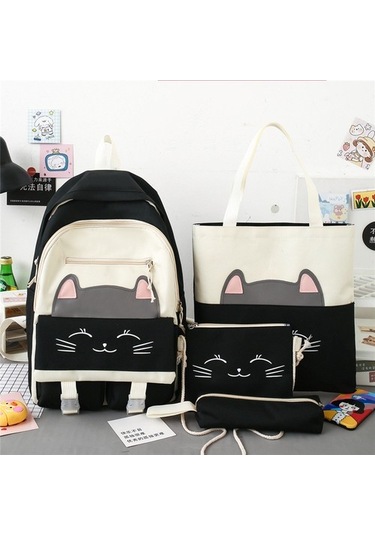 Ortaokul Öğrencileri Ve Ilkokul Öğrencileri Kanvas Okul Çantası Dört Parçalı Set Sırt Çantası 1ct6cı Siyah