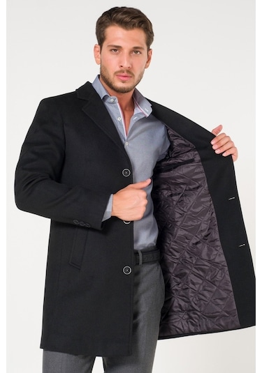 Slimfit V Yaka Kışlık Siyah Kaşe Kaban Palto Renkleri Mevcut-Siyah