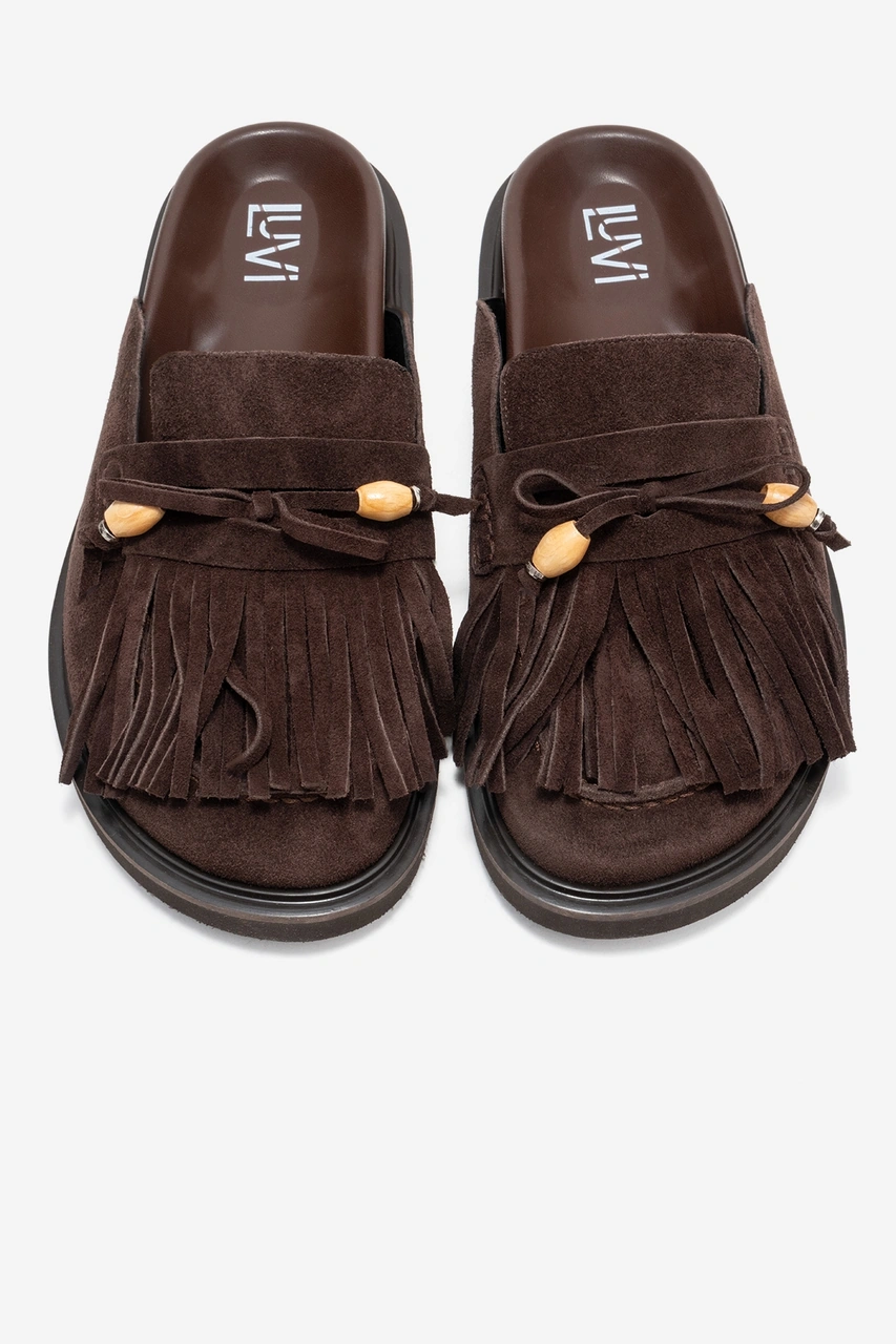 Carol Kahverengi Süet Püsküllü Hakiki Deri Kadın Burnu Kapalı Terlik Kahverengi