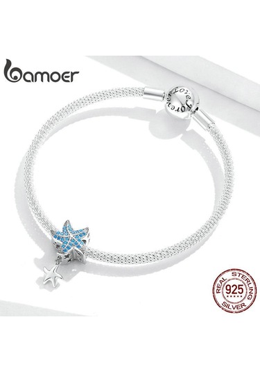 Bamoer Hakiki 925 Ayar Gümüş Mavi Cz Denizyıldızı Kolye Charm Fit Orijinal Bilezik Dıy Takı Gümüş