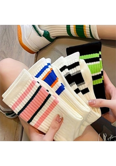 Trampler Pamuklu Çemberli Çizgili Kolej Tenis Unisex Çorap 5 Çift - Çok Renkli