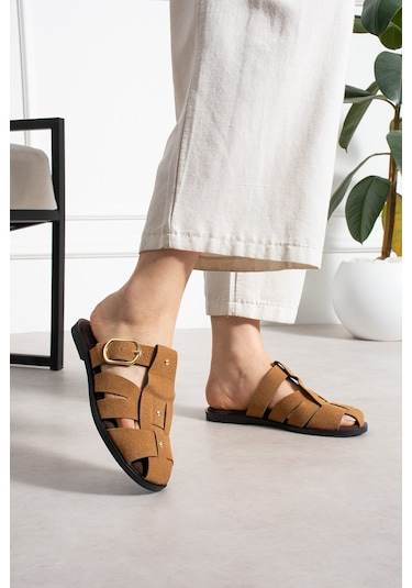 Shoetek Olwa Kadın Pimli Terlik Bantlı Tokalı Taba Süet