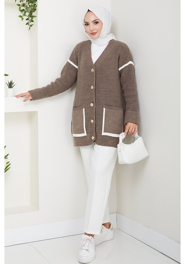 İlge Düğmeli Triko Hırka 1597 - Açık Kahve Sütlü Kahve