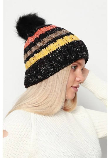 Ponpon Detay İçi Yünlü Renkli Örme Kadın Bere Rkş-23 Siyah Siyah