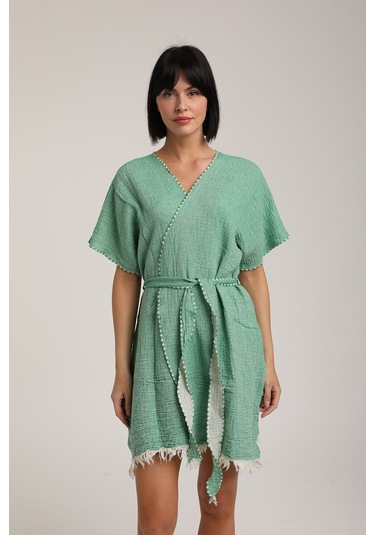 Life For Moda Kadın Kuşaklı Müslin Pareo Kimono P 80 Yeşil