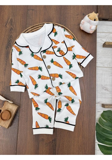 Havuç Desenli Pijama Takımı 4bb2 Beyaz