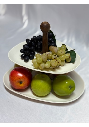 Aless 2 Katlı Asimetrik Tasarım Ahşap Kulplu Sunumluk Meyvelik Çe