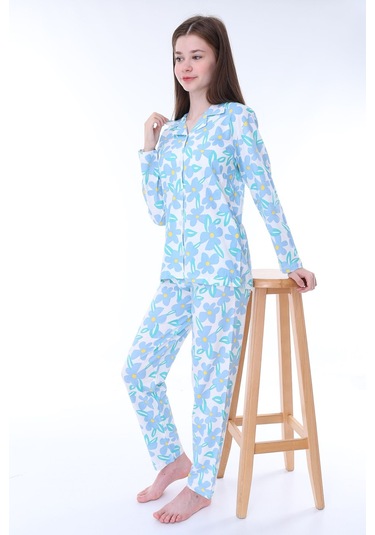 Zuzunga Mavi Papatya Desenli Düğmeli %100 Pamuk Kız Çocuk Pijama Takımı Mavi