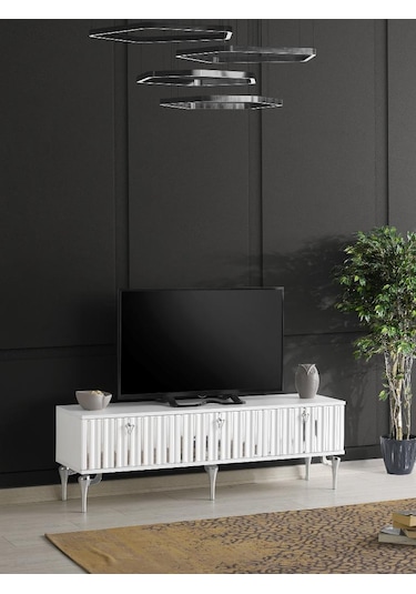 150 CM DUBAİ METAL AYAK-MDF MEBRAN KAPAK TV SEHPASI BEYAZ GÜMÜŞ
