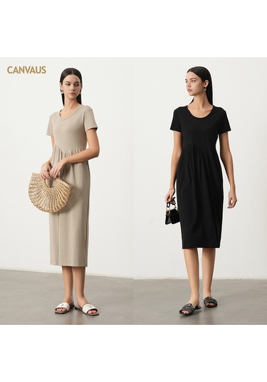 Örme Kısa Kollu Yuvarlak Yaka Düzensiz Dikiş Midi Etek Siyah