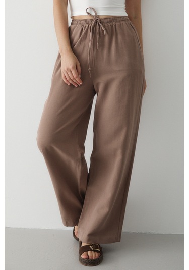 Sütlü Kahve Beli Lastikli Bol Paça Pantolon - 2813 Sütlü Kahve