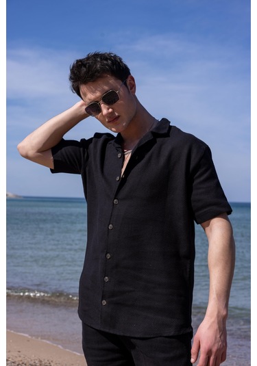 Siyah Renk Gömlek Şort Erkek Keten Takım-1745 Siyah