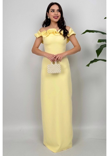 Arlina Madonna Yaka Göğüs Büzgülü Uzun Sarı Abiye Elbise Sarı