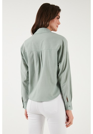 Lela Pamuk Ve Keten Karışımlı Regular Fit Önü Kısa Arkası Uzun Bayan Gömlek 6772867 Çağla