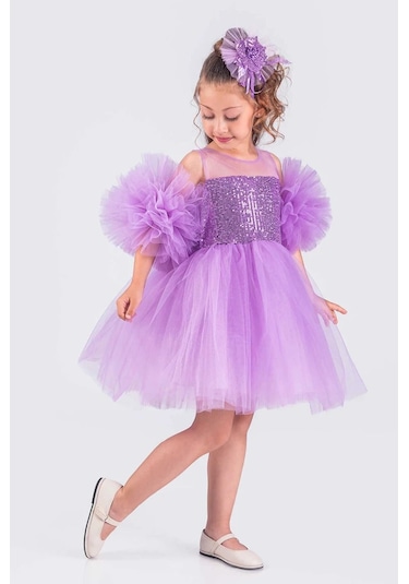 Kız Çocuk Abiye Elbise Ponpon Kol Pul Payetli Tütülü Lila