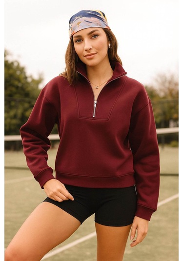 Fashion Friends Fermuarlı Kamyoner Yaka Bordo Kadın Sweatshirt 25k0166k1 Bordo