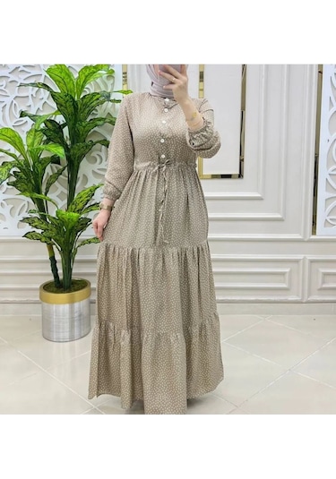 Kadın Puantiyeli Bej Renk Viskon Kumaş Ön Düğmeli Ayarlanabilir Kuşaklı Tesettür Elbise Bej