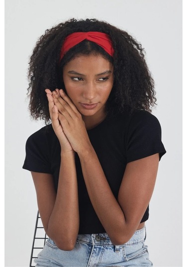 Siyah Kısa Kol Bisiklet Yaka Vücuda Oturan Kaşkorse Crop + Bandana Set %100 Pamumklu, Esnek Rahat Siyah-Kırmızı