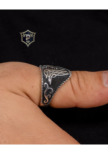 Prestij Gümüş 925 Ayar Gümüş Erkek Baş Parmak Zihgir Tuğralı Motifli Yüzük