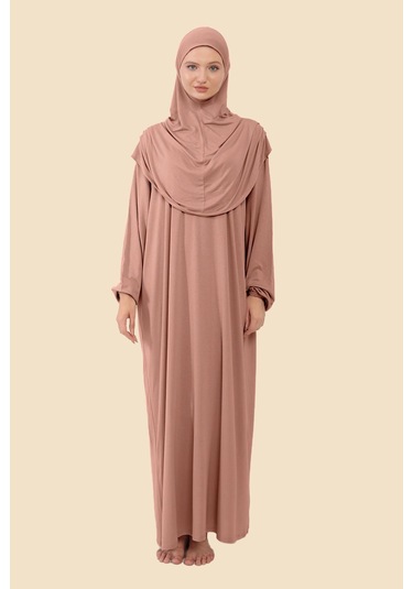 Tek Parça Tesettür Namaz Elbisesi Tak Çıkar Başörtülü Organik Pamuklu Lastikli Kolu Kaymaz Penye Gül Kurusu