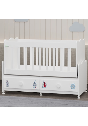 Elegant Mdf Çıtalı Beşik + Şifonyer Yatak Uykuseti - Denizci Beyaz