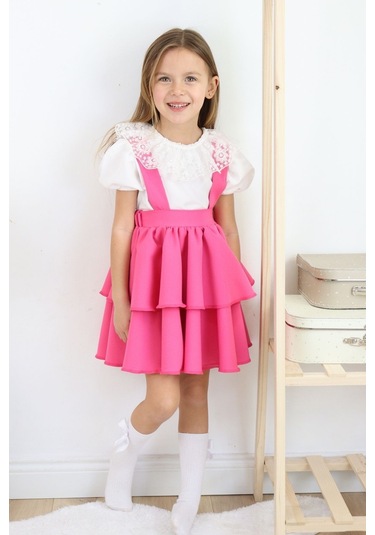 Kız Çocuk Helen Pembe Askılı Kat Kat Bağlama Jile Elbise Dantel Detay Ekru Kısa Kollu Bluz Takım