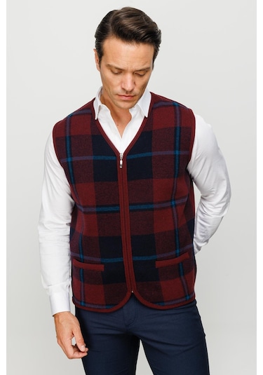 Erkek V Yaka Önü Kareli Yelek Bordo Bordo