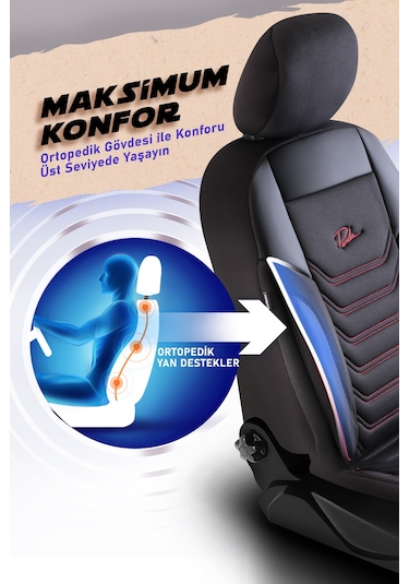 Siyah - Kırmızı Panda Peru Serisi Pike Kumaş Ön İki Oto Koltuk Kılıfı