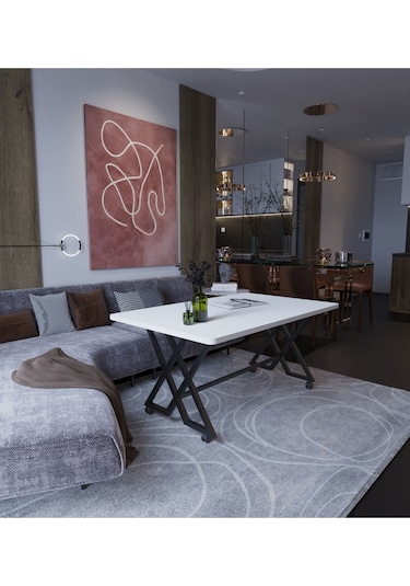 Makbulce Reyyan Orta Sehpa Siyah Metal Ayak Tekerlekli Beyaz