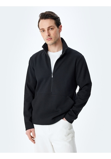Koton Kanguru Cepli Uzun Kollu Basic Yarım Fermuarlı Sweatshirt Siyah 5wam70249mk Siyah