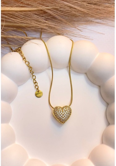 Altın / Gold Renk Zirkon Taşlı Kalp Figürlü 316l Çelik Kolye Gold