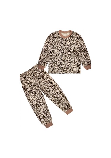 Babycollection Leopar Desenli Pantolonlu Kız Çocuk Pijama Takımı 252658790 Bej