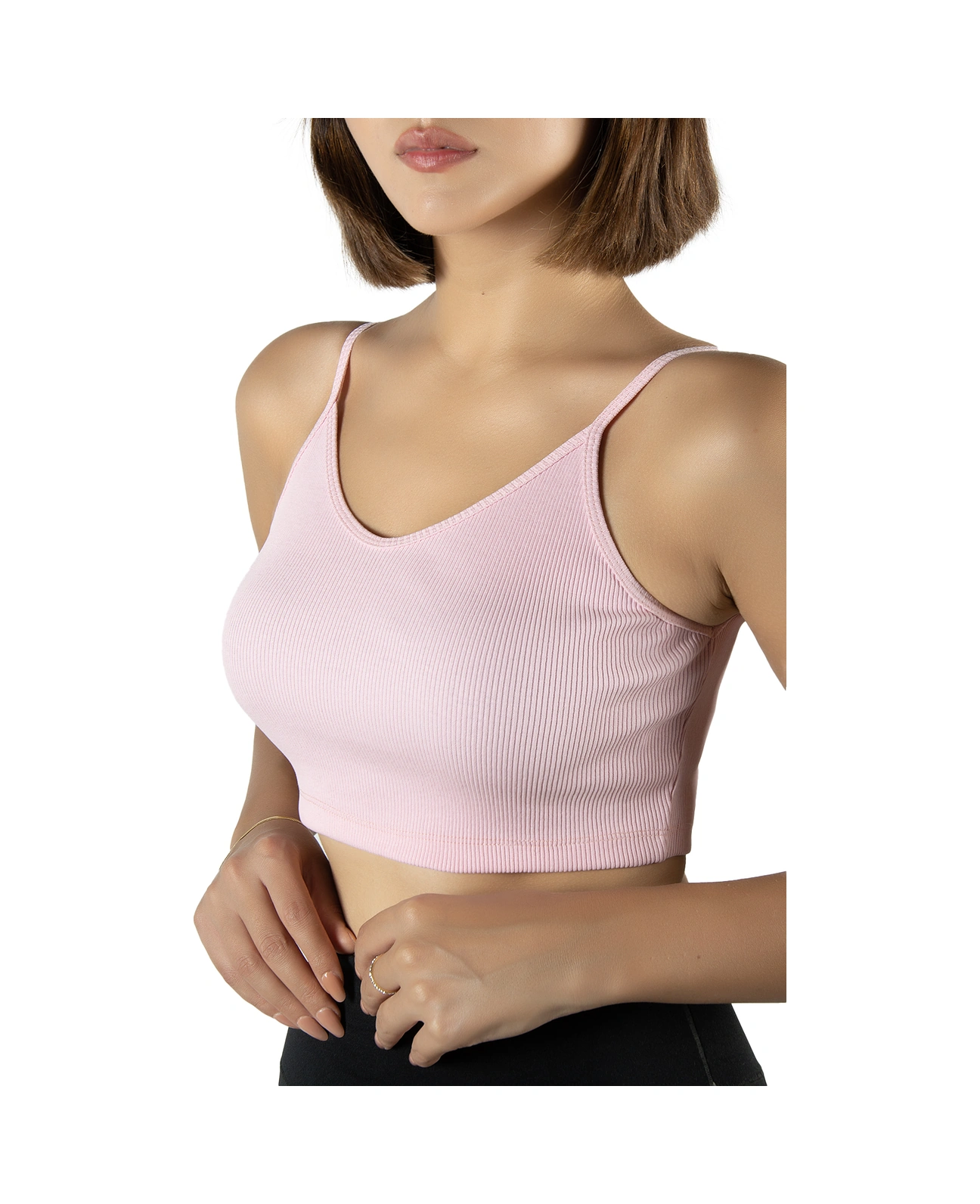 Veaven Pembe İp Askılı Fitted/vücuda Oturan Fitilli Örme Crop Top Bluz Pembe