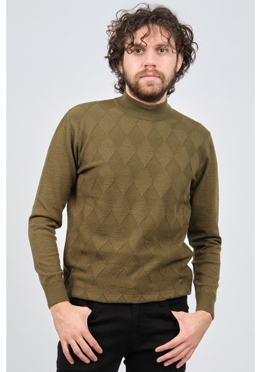 Çizgi Triko Erkek Yarım Balıkçı Baklava Desenli Kazak 42564257 Ha Haki