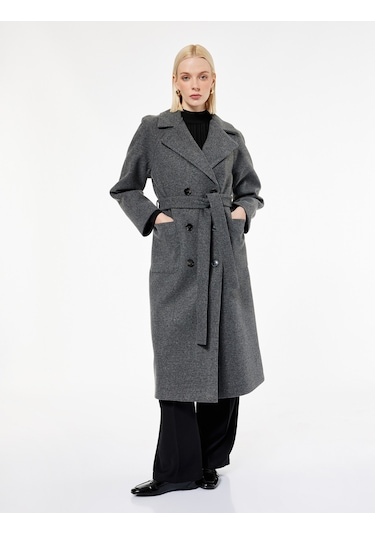Koton Uzun Kollu Cepli Düğmeli Kruvaze Kemerli Uzun Kaşe Kaban Antrasit 6wak00270ew Antrasit