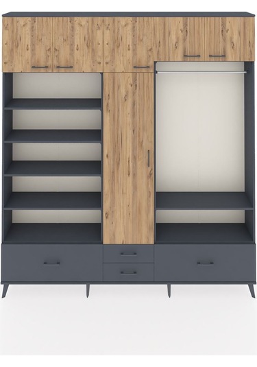 Arges Dolap 18 Raflı 4 Çekmeceli Tek Askılı 220x30x243 Antrasit-çam/antrasit Atlas Çam/antrasıt