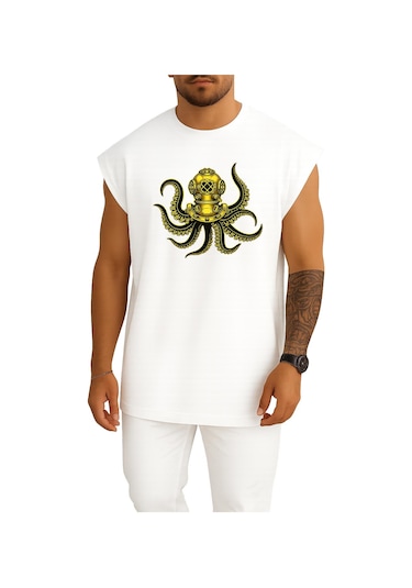 Bahriyeli Collection Oversize Steampunk Octopus Dalgıç Başlığı Göğüs Ve Sırt Baskılı Atlet Beyaz